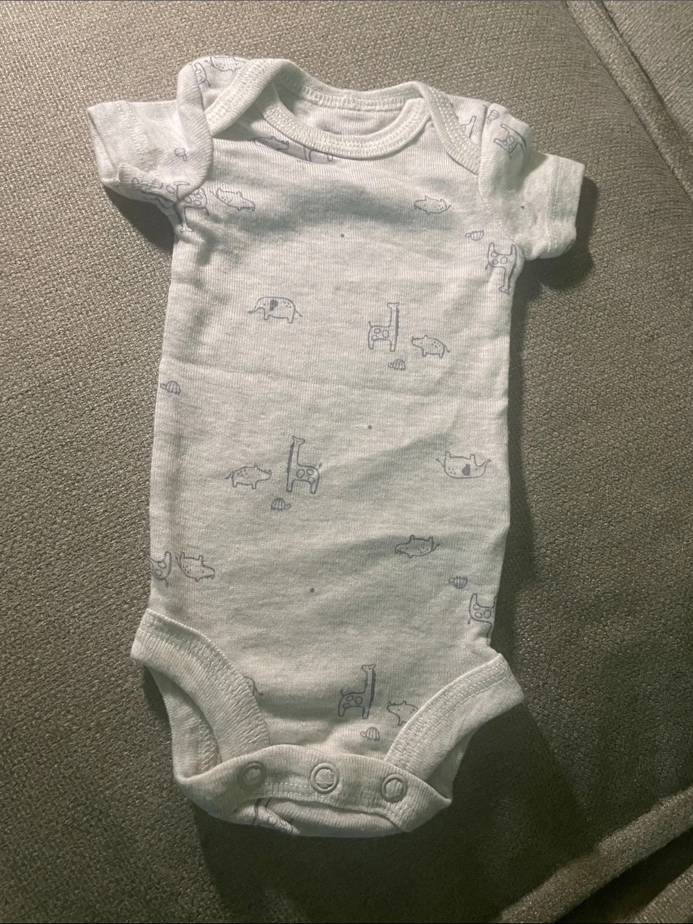Preemie Carters Gray Short-Sleeve Baby One-Piece with Blue Animal Print